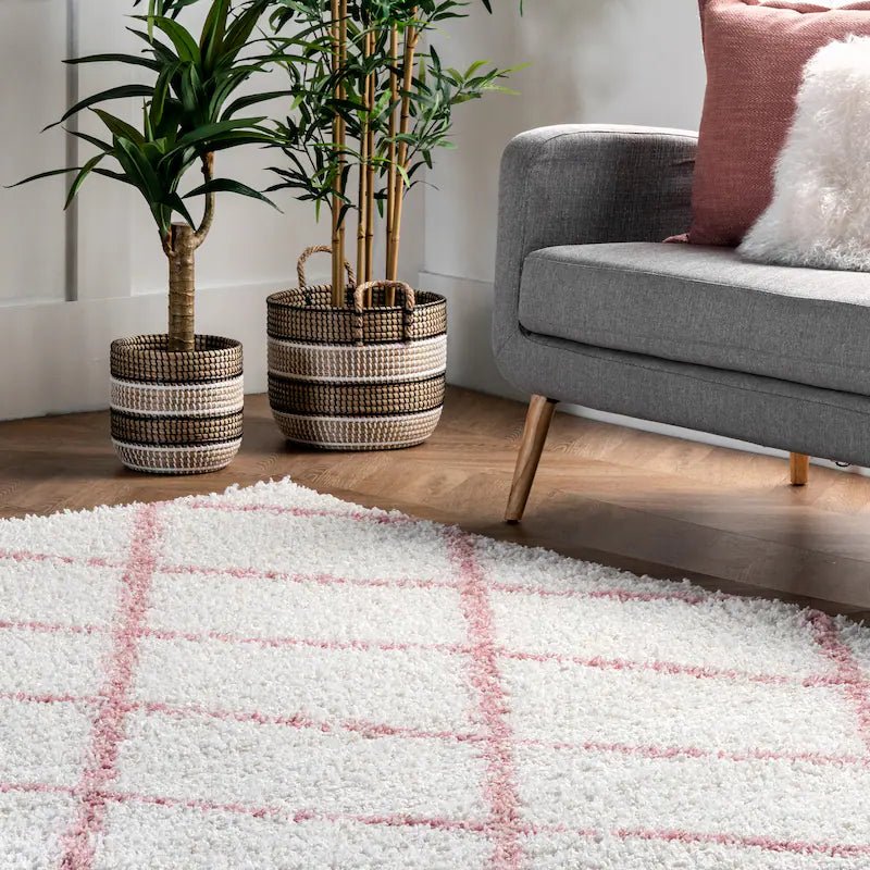 Latice Ivory Pink Retro Collection Plush Shag Rug - Image 6