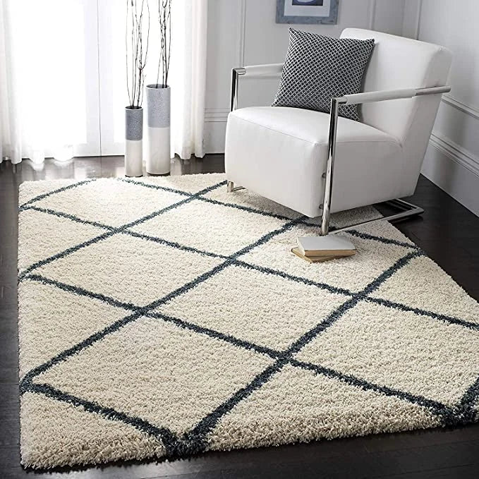 Latice IVORY & SLATE BLUE Retro Collection Plush Shag Rug - Image 7