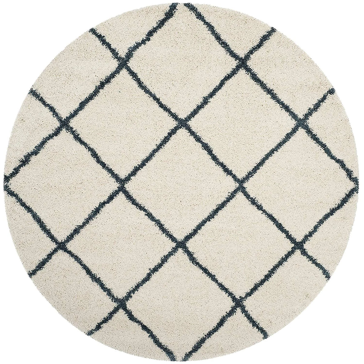 Latice IVORY & SLATE BLUE Retro Collection Plush Shag Rug Round Rug - Image 1