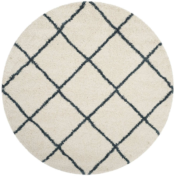 Latice IVORY & SLATE BLUE Retro Collection Plush Shag Rug Round Rug - Image 1