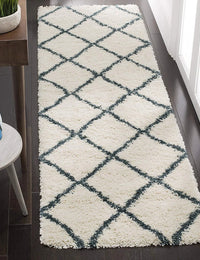 Latice IVORY & SLATE BLUE Retro Collection Plush Shag Rug Runner Rug - Image 1