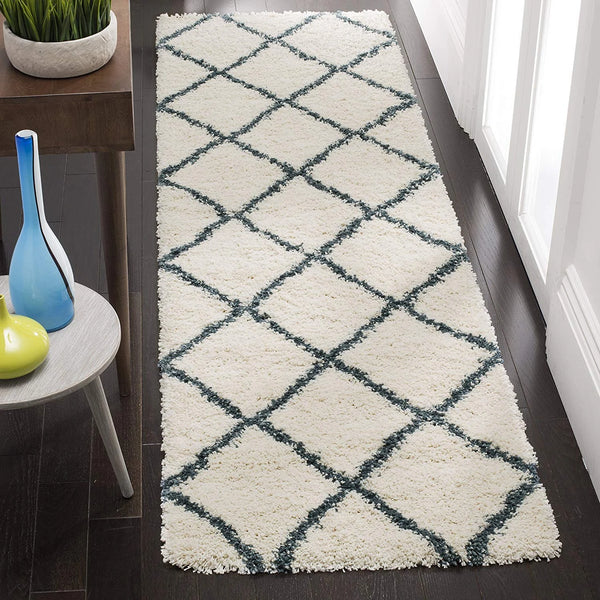 Latice IVORY & SLATE BLUE Retro Collection Plush Shag Rug Runner Rug - Image 1