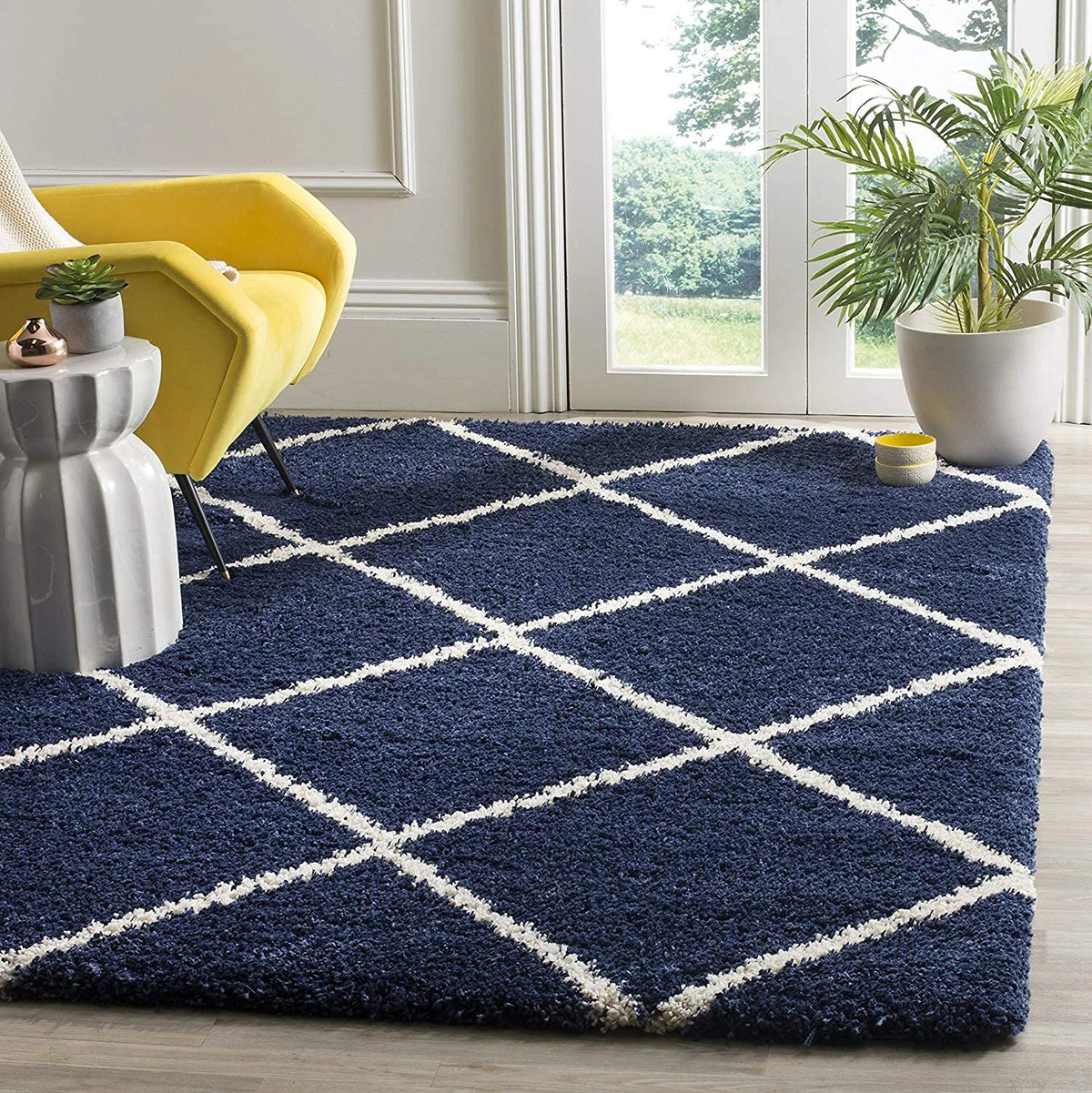 Latice NAVY BLUE & IVORY Retro Collection Plush Shag Rug - Image 7