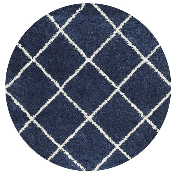 Latice NAVY BLUE & IVORY Retro Collection Plush Shag Rug Round Rug - Image 1