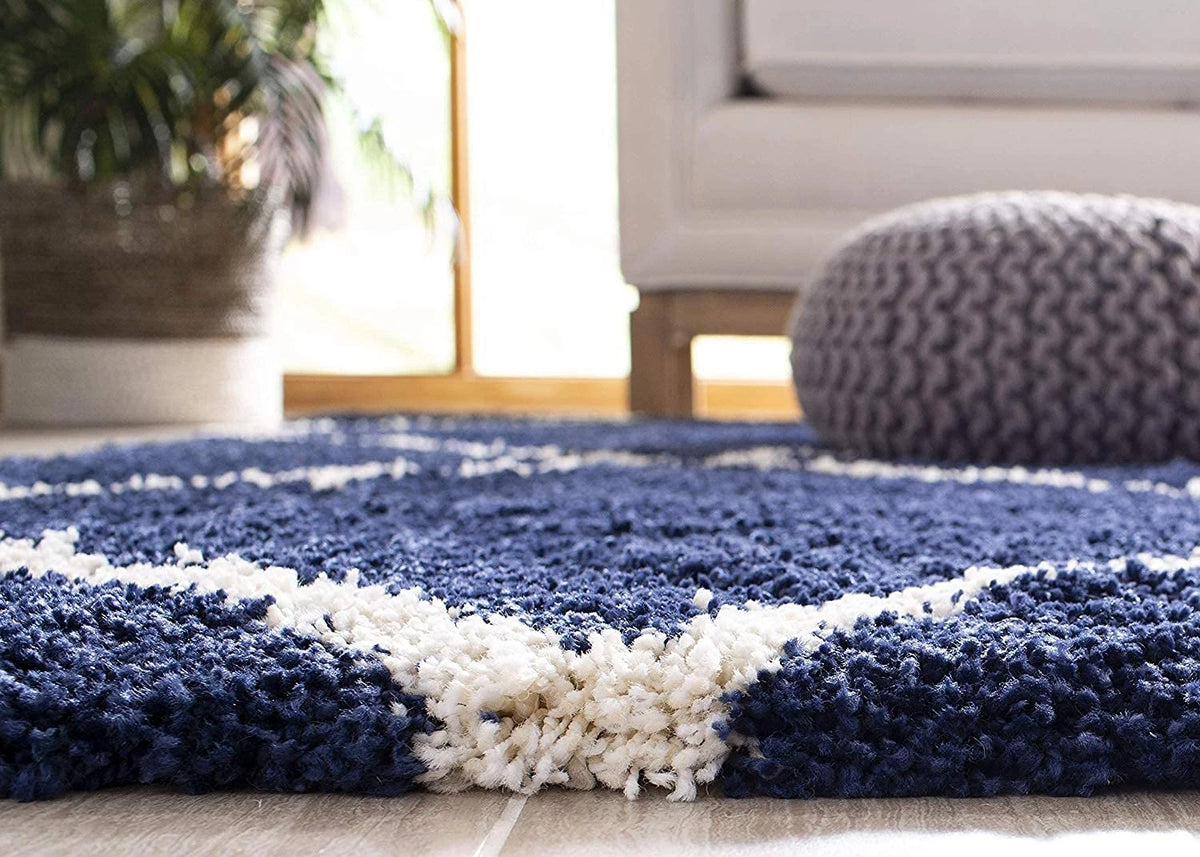 Latice NAVY BLUE & IVORY Retro Collection Plush Shag Rug Round Rug - Image 3