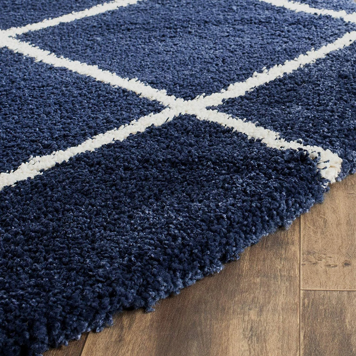 Latice NAVY BLUE & IVORY Retro Collection Plush Shag Rug Round Rug - Image 5