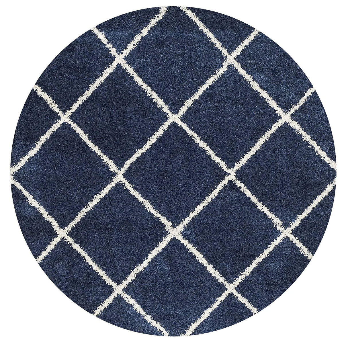 Latice NAVY BLUE & IVORY Retro Collection Plush Shag Rug Round Rug - Image 7