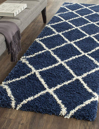 Latice NAVY BLUE & IVORY Retro Collection Plush Shag Rug Runner Rug - Image 1