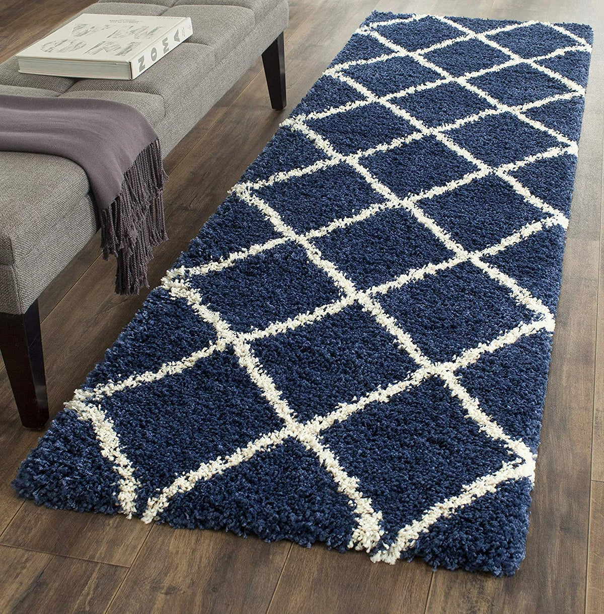 Latice NAVY BLUE & IVORY Retro Collection Plush Shag Rug Runner Rug - Image 1