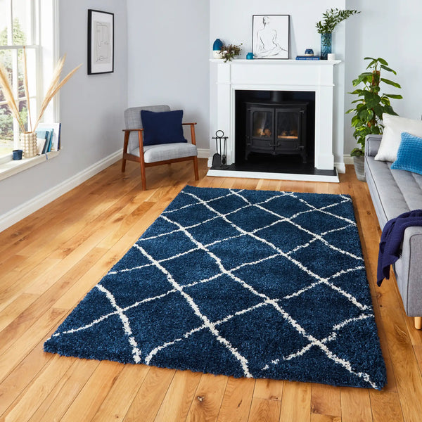 Latice Navy Cream Retro Collection Plush Shag Rug - Image 1