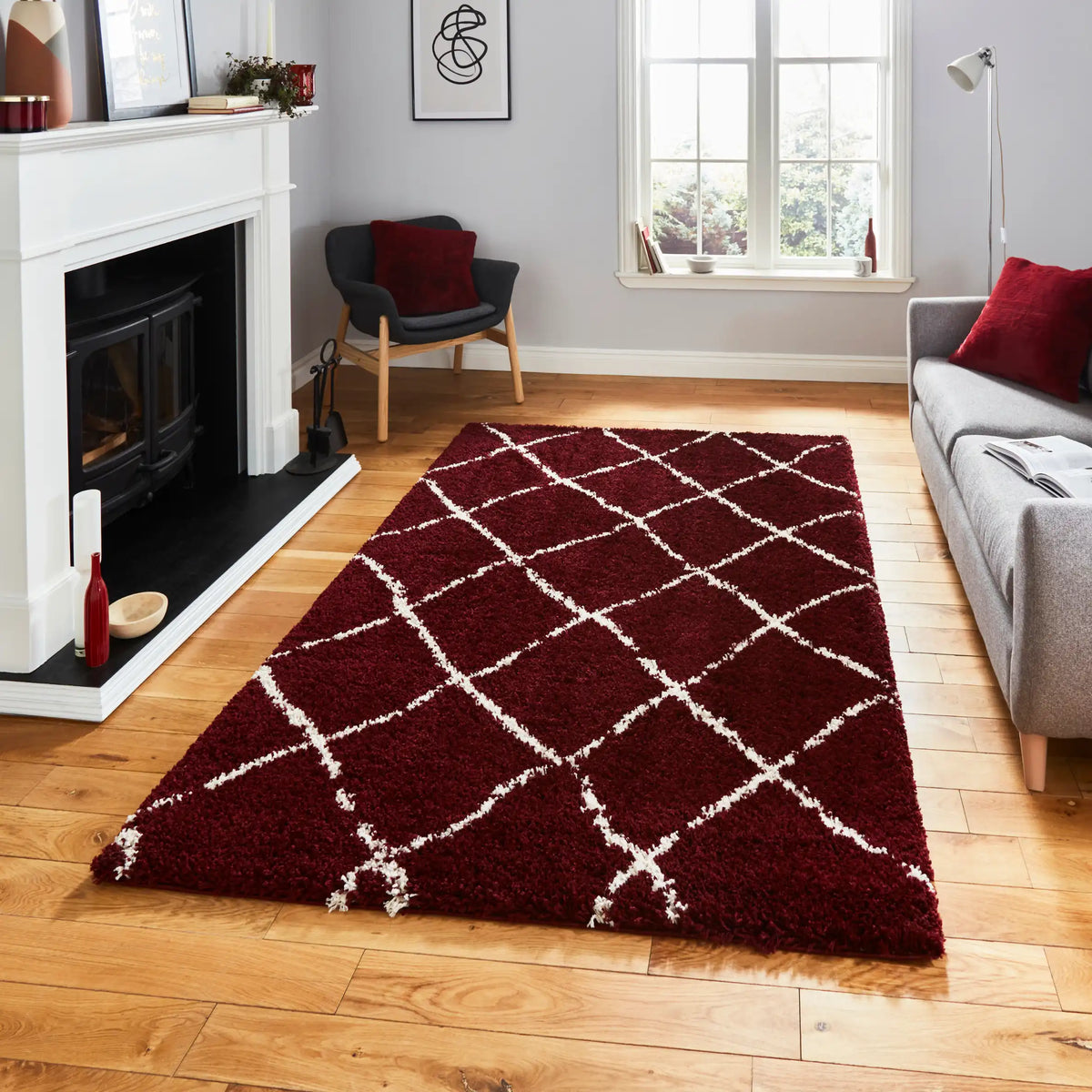 Latice Red Cream Retro Collection Plush Shag Rug - Image 1