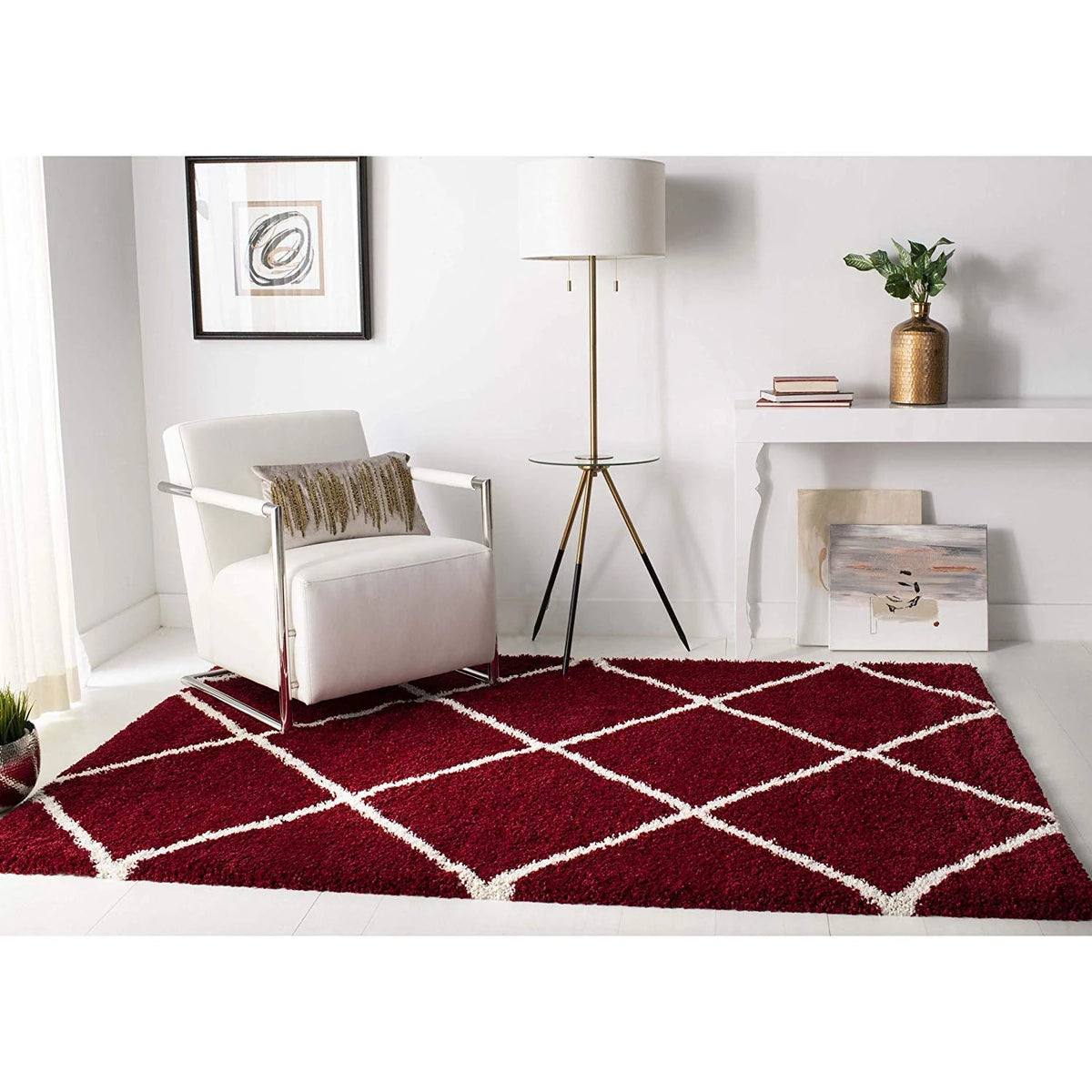 Latice Red Ivory Retro Collection Plush Shag Rug - Image 3