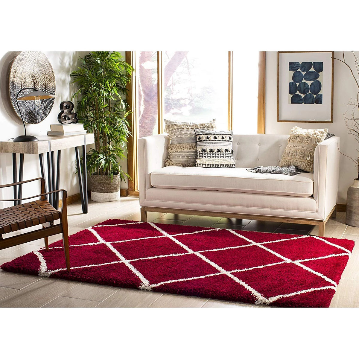Latice Red Ivory Retro Collection Plush Shag Rug - Image 5