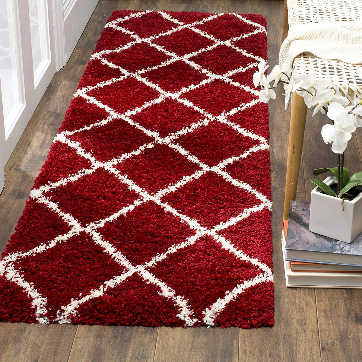 Latice Red Ivory Retro Collection Plush Shag Rug - Image 9