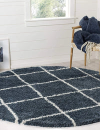 Latice SLATE BLUE Retro Collection Plush Shag Rug Round Rug - Image 1