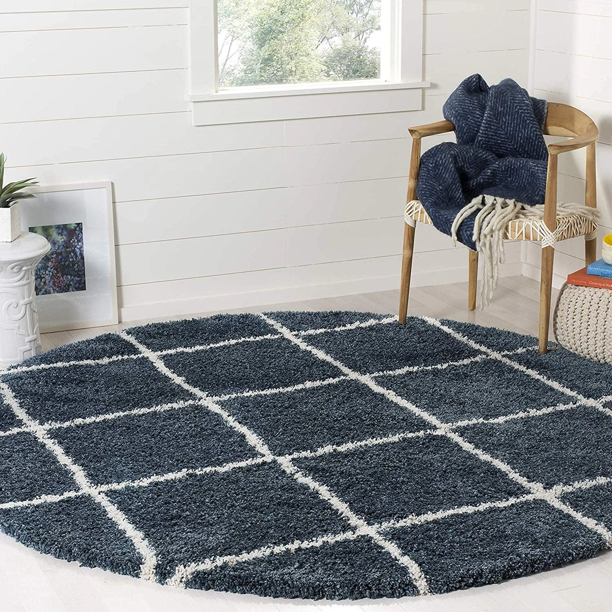 Latice SLATE BLUE Retro Collection Plush Shag Rug Round Rug - Image 1