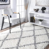 Latice WHITE & GREY Retro Collection Plush Shag Rug - Image 1