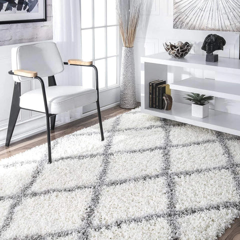 Latice WHITE & GREY Retro Collection Plush Shag Rug - Image 1