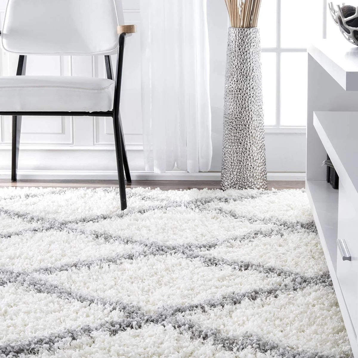 Latice WHITE & GREY Retro Collection Plush Shag Rug - Image 3