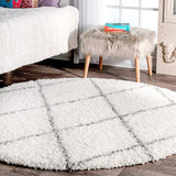 Latice WHITE & GREY Retro Collection Plush Shag Rug Round Rug - Image 1