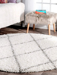 Latice WHITE & GREY Retro Collection Plush Shag Rug Round Rug - Image 4