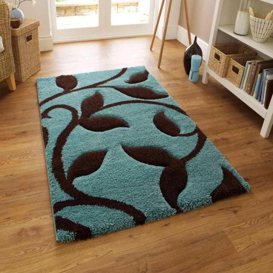 Leaf BLUE Floral Plush Shag Rug - Image 1