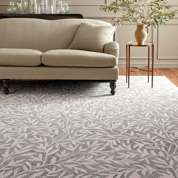 Leaf Grey, Ivory Floral Hand-Tufted Wool Rug - Image 1
