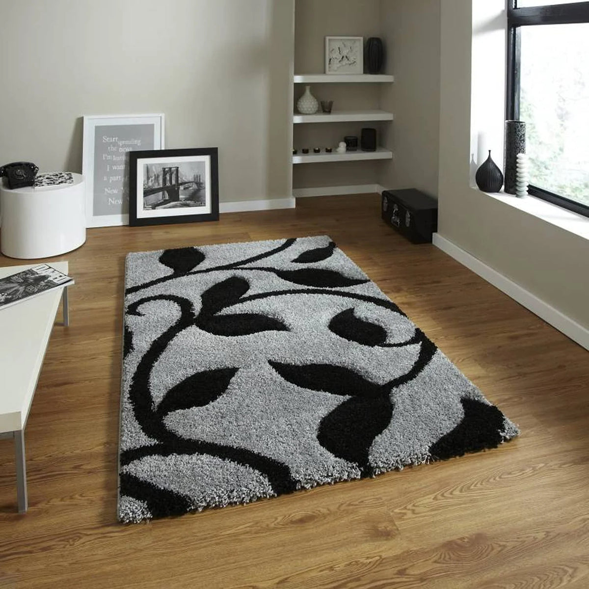 Leaf SILVER Floral Plush Shag Rug - Image 5