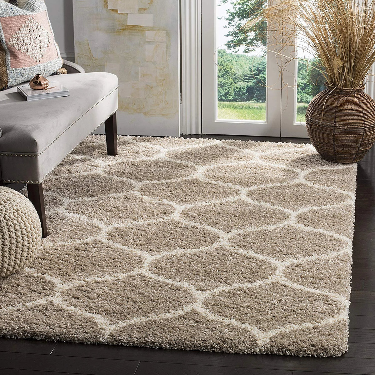 Morocco BEIGE & OFF WHITE Retro Collection Plush Shag Rug - Image 1