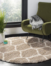 Morocco BEIGE & OFF WHITE Retro Collection Plush Shag Rug Round Rug - Image 1