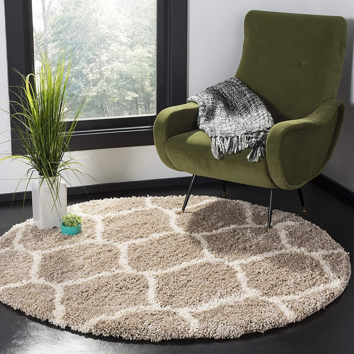 Morocco BEIGE & OFF WHITE Retro Collection Plush Shag Rug Round Rug - Image 1