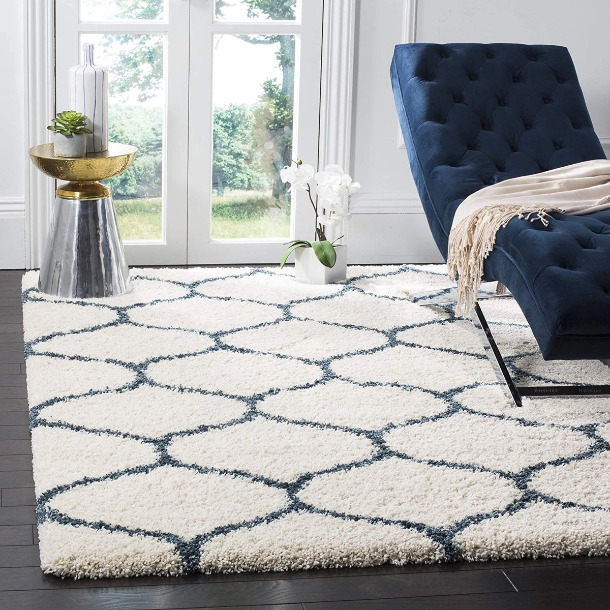 Morocco IVORY & BLUE Retro Collection Plush Shag Rug - Image 5