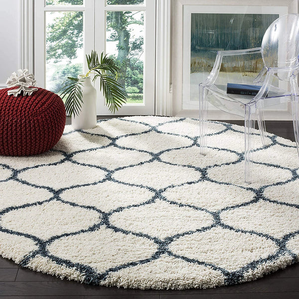 Morocco IVORY & BLUE Retro Collection Plush Shag Rug Round Rug - Image 1