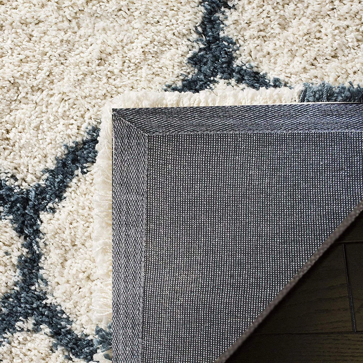 Morocco IVORY & BLUE Retro Collection Plush Shag Rug Round Rug - Image 4