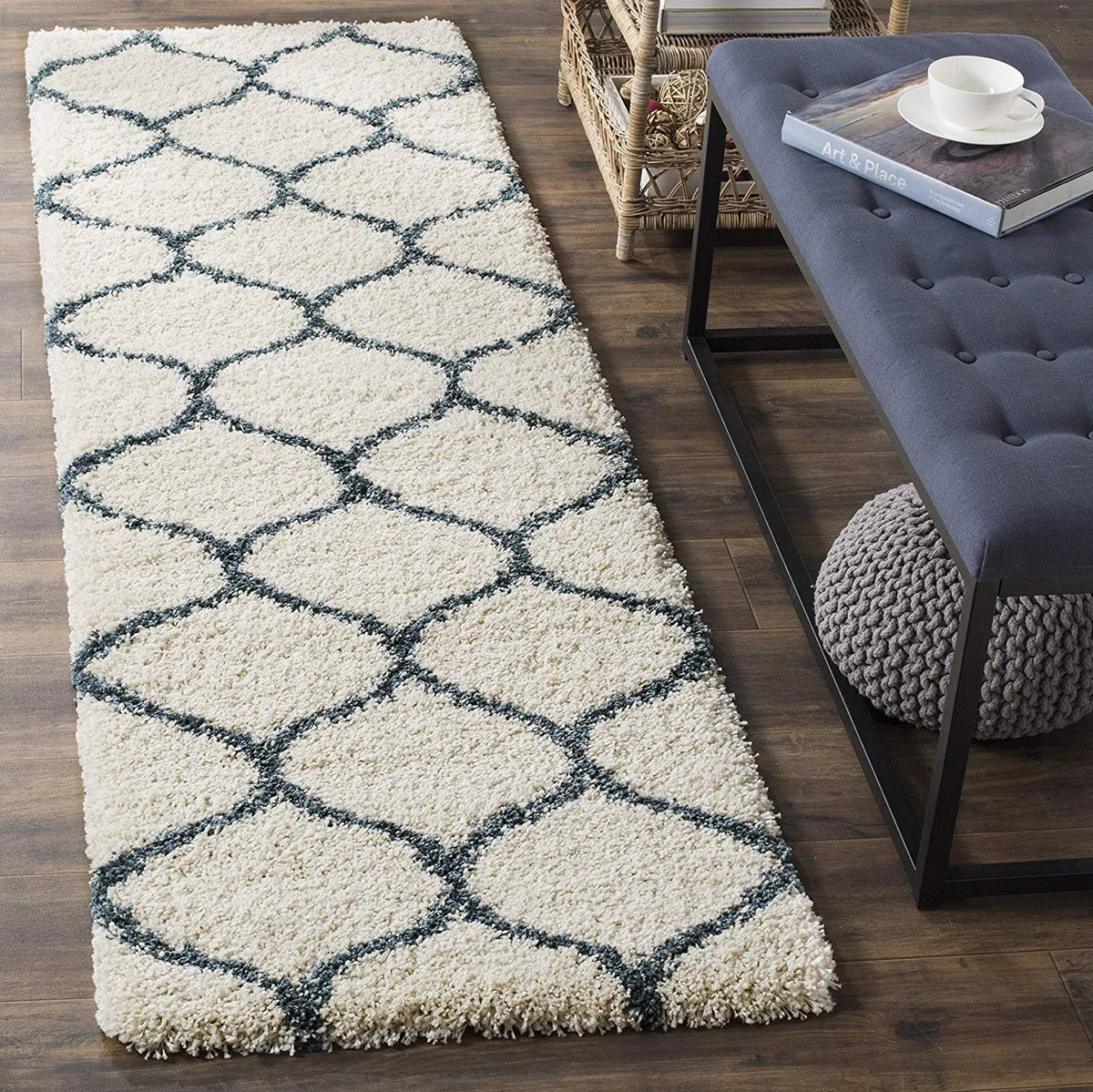 Morocco IVORY & BLUE Retro Collection Plush Shag Rug Runner Rug - Image 2