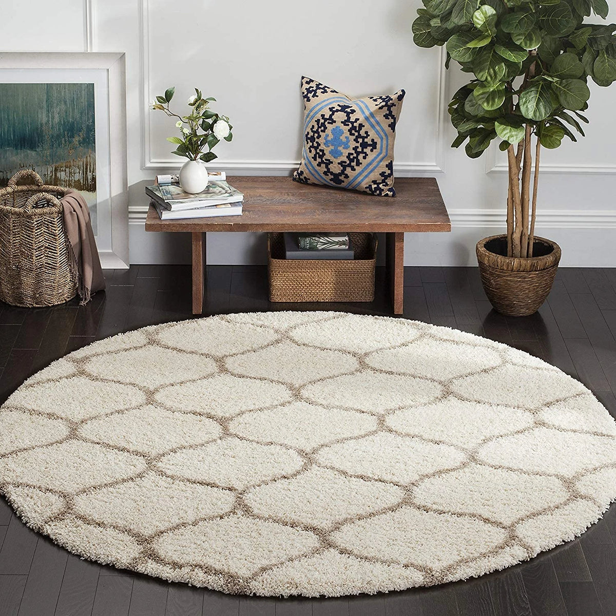 Morocco OFF IVORY & BEIGE Retro Collection Plush Shag Rug Round Rug - Image 6
