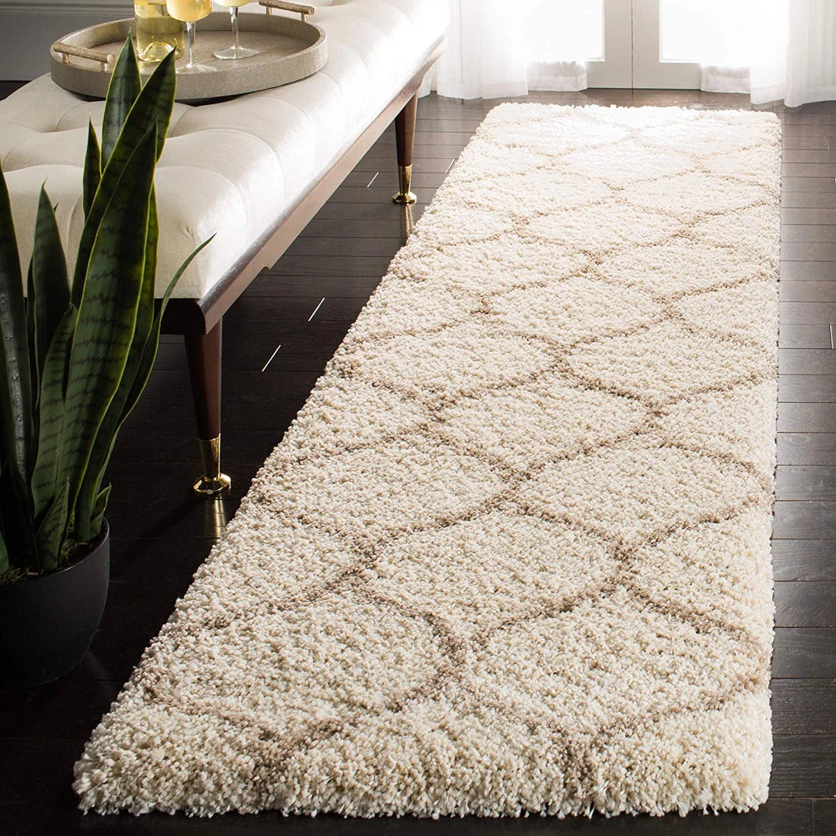Morocco OFF IVORY & BEIGE Retro Collection Plush Shag Rug Runner Rug - Image 1