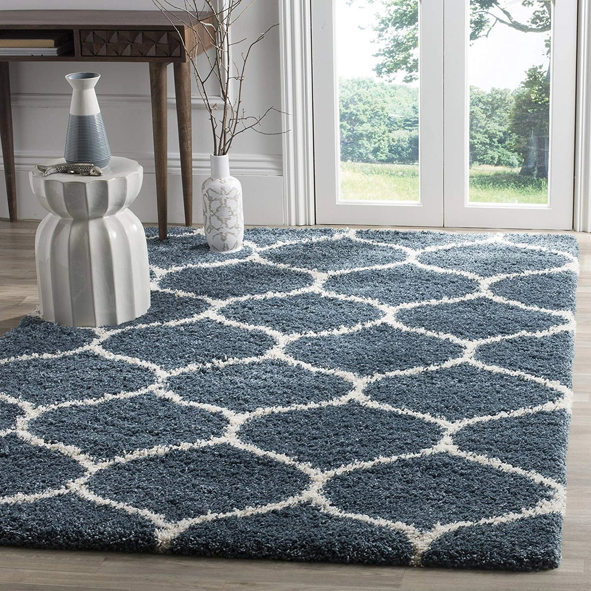 Morocco SLATE BLUE & IVORY Retro Collection Plush Shag Rug - Image 1