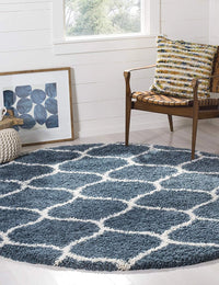 Morocco SLATE BLUE & IVORY Retro Collection Plush Shag Rug Round Rug - Image 1