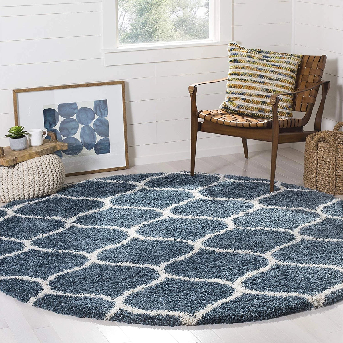 Morocco SLATE BLUE & IVORY Retro Collection Plush Shag Rug Round Rug - Image 1