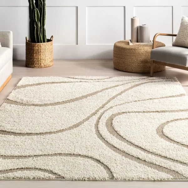 Oxford Cream Beige Ripple Collection Plush Shag Rug - Image 1