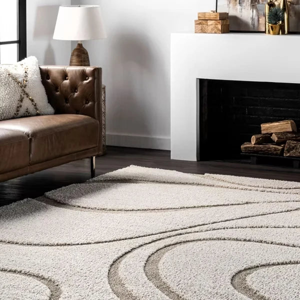 Oxford Cream Beige Ripple Collection Plush Shag Rug - Image 4