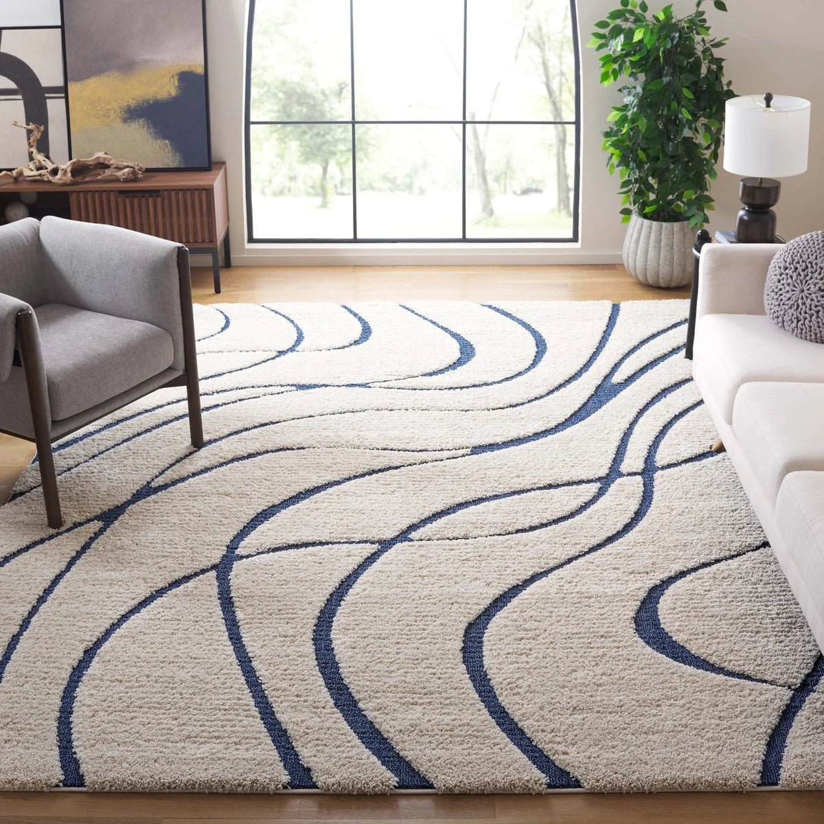 Oxford Cream, Blue Ripple Collection Plush Shag Rug - Image 2