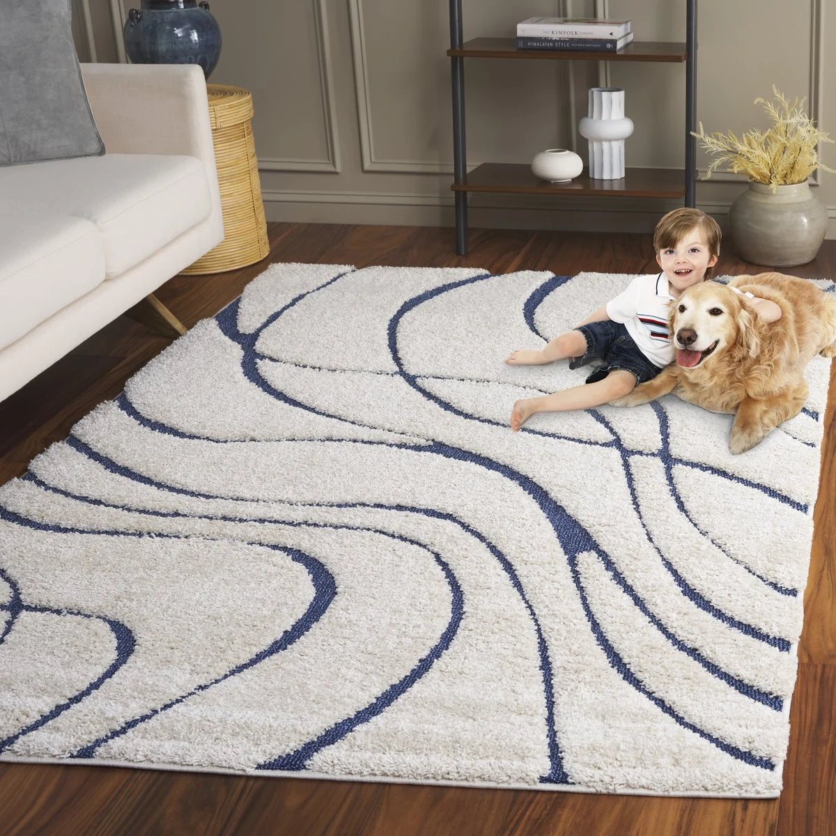 Oxford Cream, Blue Ripple Collection Plush Shag Rug - Image 3