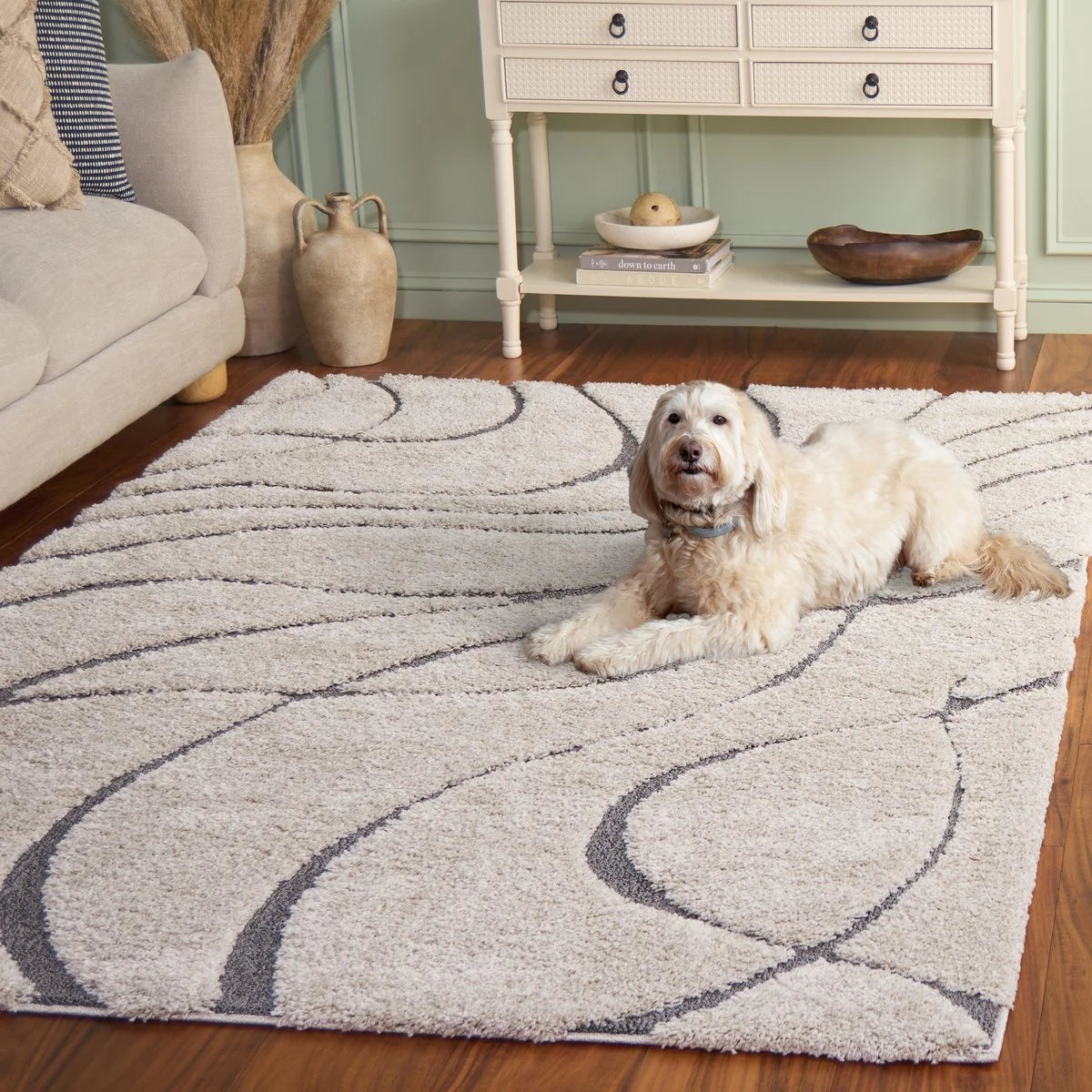 Oxford Cream, Grey Ripple Collection Plush Shag Rug - Image 2