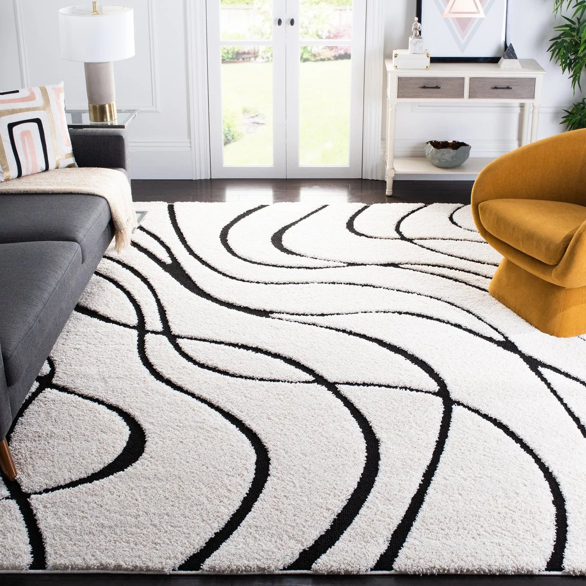Oxford Ivory, Black Ripple Collection Plush Shag Rug - Image 4