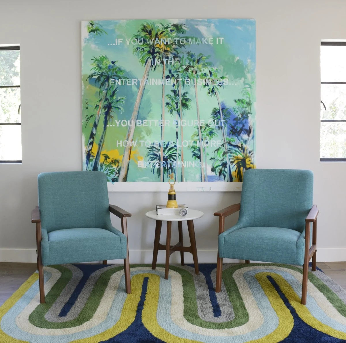 Retro Blue, Grey, Green Modern Plush Shag Rug - Image 1