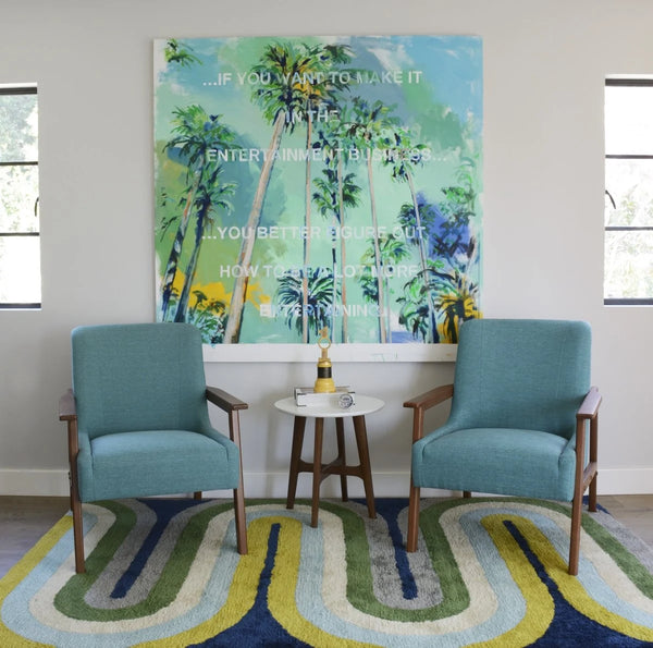 Retro Blue, Grey, Green Modern Plush Shag Rug - Image 1