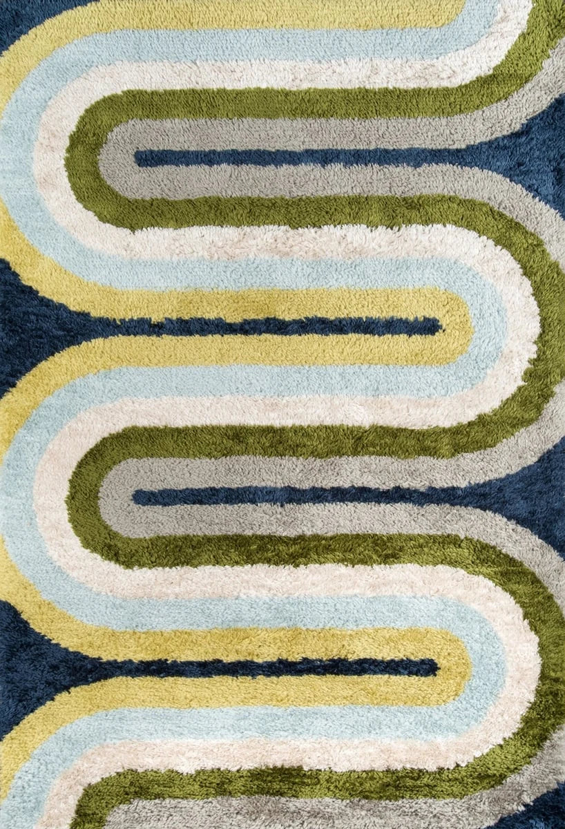Retro Blue, Grey, Green Modern Plush Shag Rug - Image 2