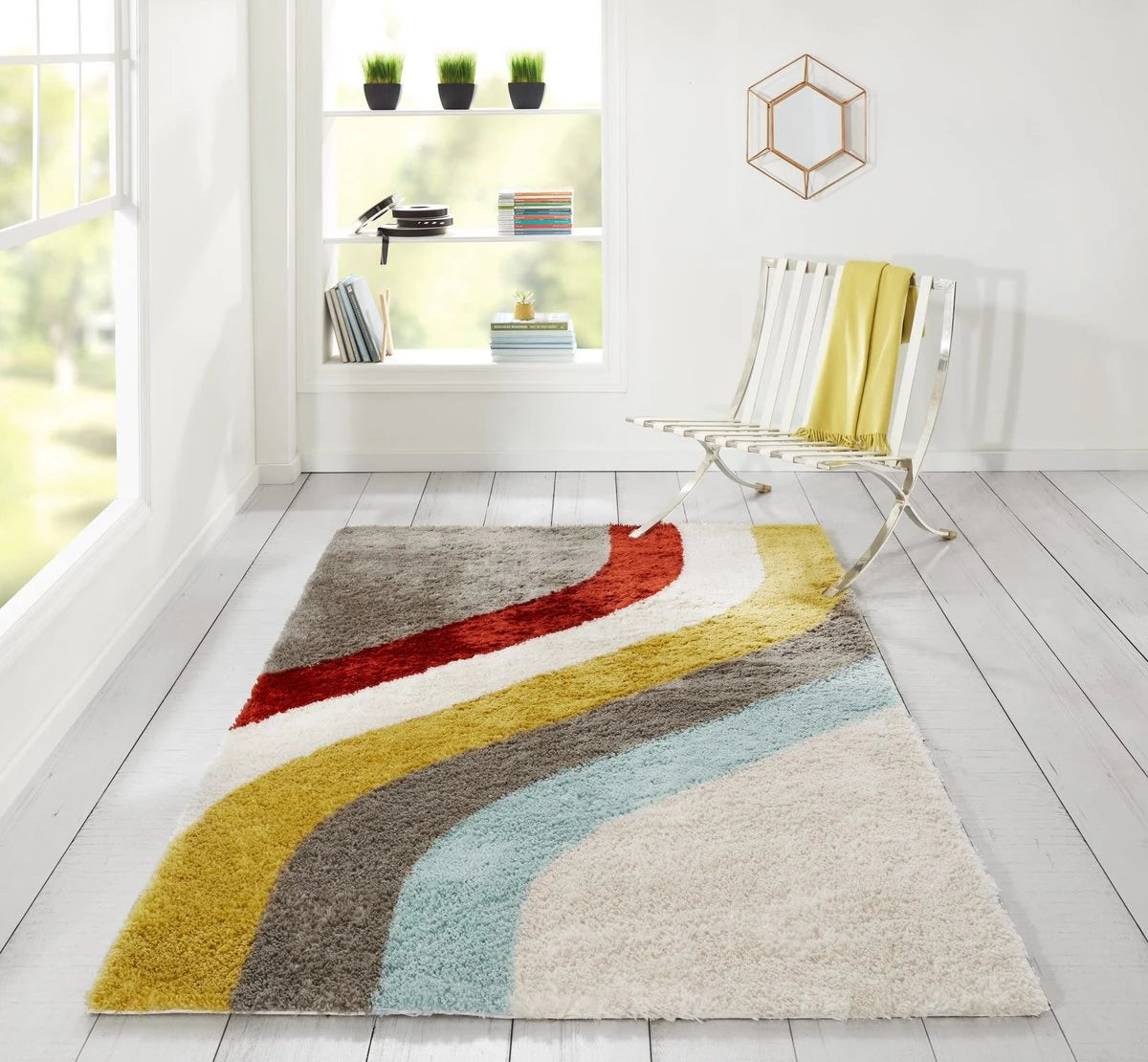 Retro Ivory, Grey, Red Modern Plush Shag Rug - Image 3